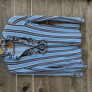 Tory Burch Navy, Light Blue & White Striped Terry Cloth V-neck Tunic, Size: S.